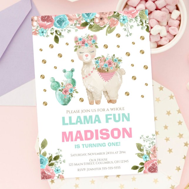Convite Aniversário de 1 ano da Menina Fun Pink Mint Flora (Criador carregado)