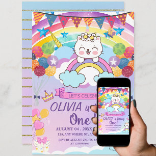 Convite Aniversário de 1 ano da Menina Gato Unicórnio Fof