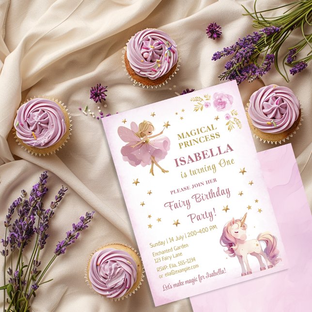 Convite Aniversário de 1 ano da Menina Princesa Fada Unicó (Criador carregado)