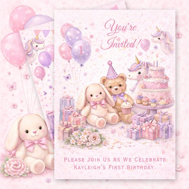 Convite Aniversário de 1 ano da Menina Rosa | (Criador carregado)