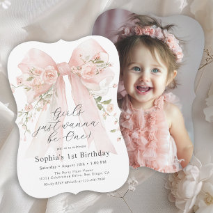 Convite Aniversário de 1 ano da Menina Rosa Floral e Foto