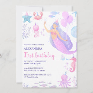 Convite Aniversário de 1 ano da Menina Sereia Debaixo do M