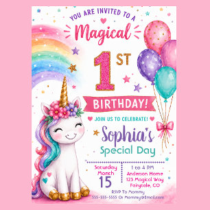 Convite Aniversário de 1 ano da Menina Unicórnio Mágico