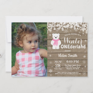 Convite Aniversário de 1 ano da Menina Urso Polar Winter O
