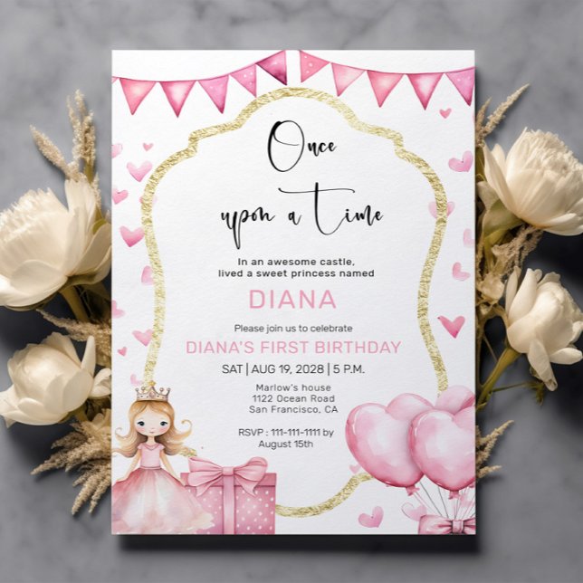 Convite Aniversário de 1 ano da Pequena Princesa Rosa (Criador carregado)