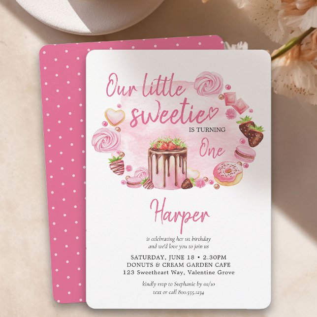 Convite Aniversário de 1 ano da Pequena Querida Donuts e D (Little Sweetie Girls Birthday Invitation)