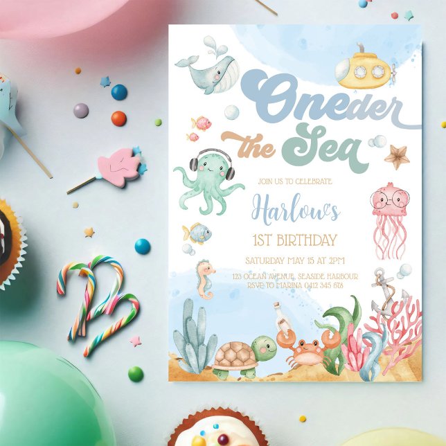 Convite Aniversário de 1 ano das crianças tema Oceano sob  (Criador carregado)