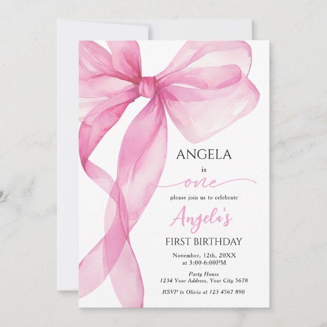 Convite Aniversário de 1 ano das Meninas com Laço Rosa (Frente)