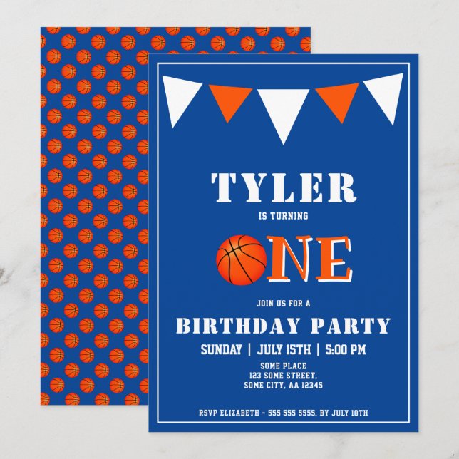 Convite Aniversário de 1 ano de Basquete Azul Fofo (Frente/Verso)