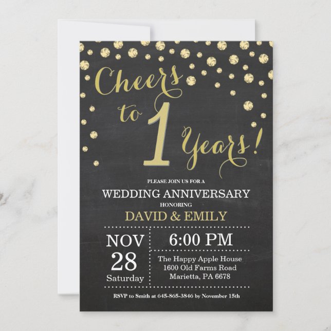 Convite Aniversário de 1 Ano de Casamento Quadro Negro e D (Frente)