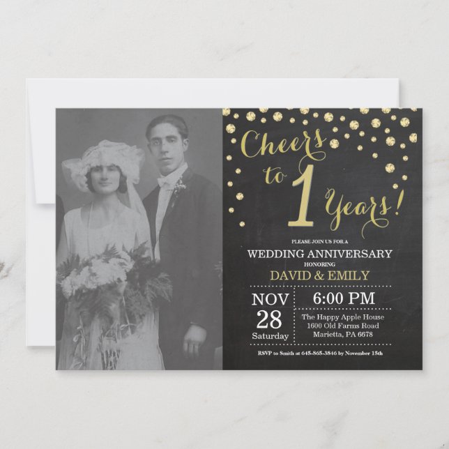 Convite Aniversário de 1 Ano de Casamento Quadro Negro e D (Frente)