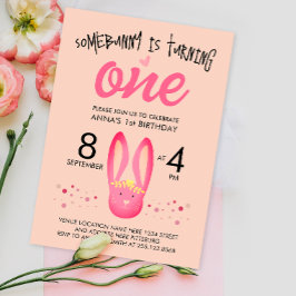 Convite Aniversário de 1 ano de Coelhinha Rosa Pastel Fofa