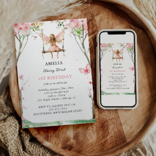 Convite Aniversário de 1 ano de Fadas com Aquarela Floral