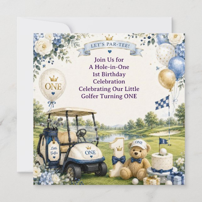 Convite Aniversário de 1 ano de golfe com carrinho de golf (Frente)