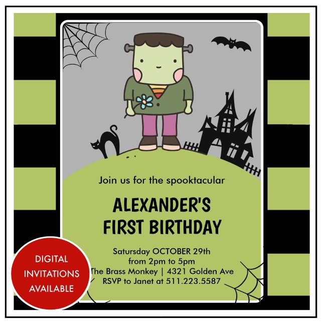 Convite Aniversário de 1 ano de Halloween spooktacular fra (Halloween-1st-birthday-invitation-spooktacular-frankenstein-1)
