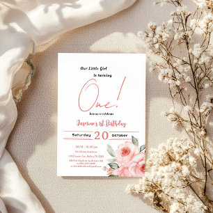 Convite Aniversário de 1 ano de Menina Bebê Rosa Aquarela 