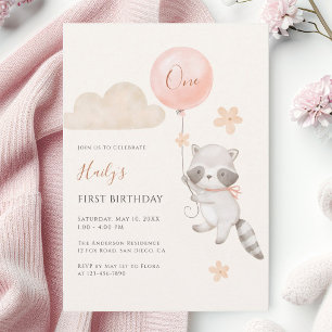 Convite Aniversário de 1 ano de menina com guaxinim fofo e
