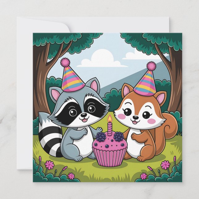 Convite Aniversário de 1 ano de menina com tema de animais (Frente)
