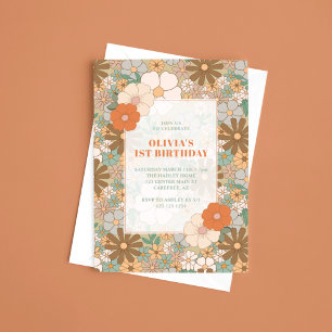 Convite Aniversário de 1 ano de Meninas Floral Retro