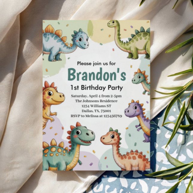 Convite Aniversário de 1 ano de Meninos Dinossauro Fofo (Criador carregado)