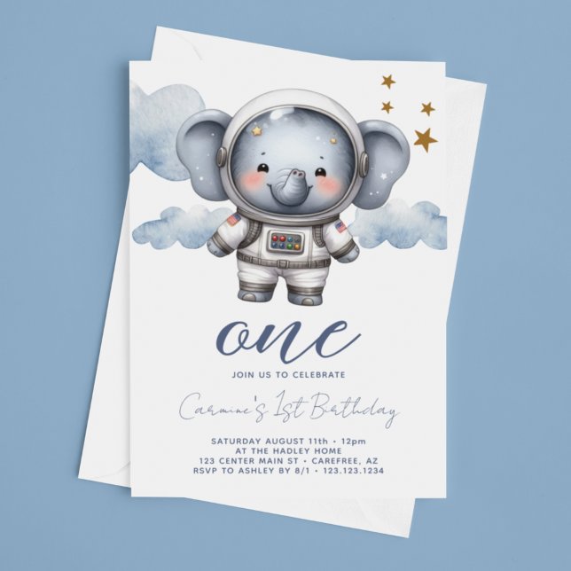 Convite Aniversário de 1 ano do Astronauta Elefante Bebê (Criador carregado)