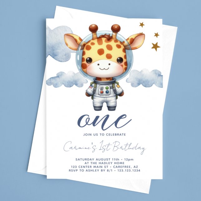 Convite Aniversário de 1 ano do Astronauta Girafa Bebê (Criador carregado)