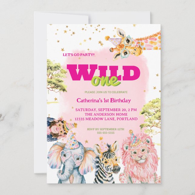 Convite Aniversário de 1 ano do Bebê com Animal de Selva F (Frente)