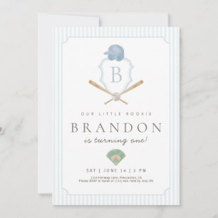 Convite Aniversário de 1 ano do Blue Baseball Preppy Crest