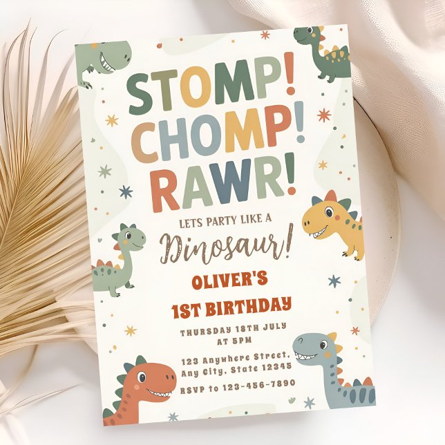Convite Aniversário de 1 ano do Dino Stomp Chomp Diversão (Criador carregado)