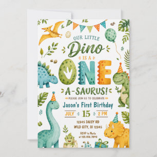 Convite Aniversário de 1 ano do Dinossauro em Aquarela