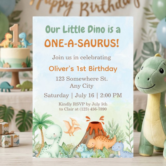 Convite Aniversário de 1 ano do Dinossauro One-A-Saurus  (Dinosaur One-A-Saurus 1st Birthday Invitation)