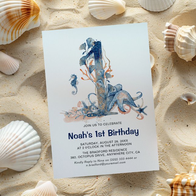 Convite Aniversário de 1 ano do Menino Submarino em Aquare (Criador carregado)
