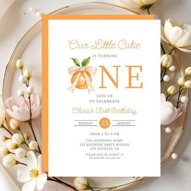 Convite Aniversário de 1 ano do Modern Little Cutie Orange (Modern Little Cutie Orange Citrus 1st Birthday Invitation)