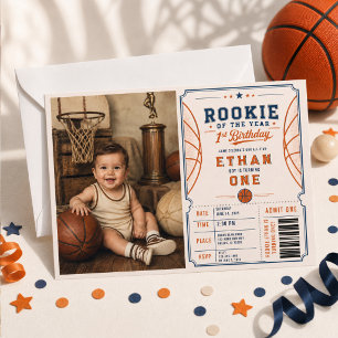 Convite Aniversário de 1 ano do Novato de Basquete Vintage