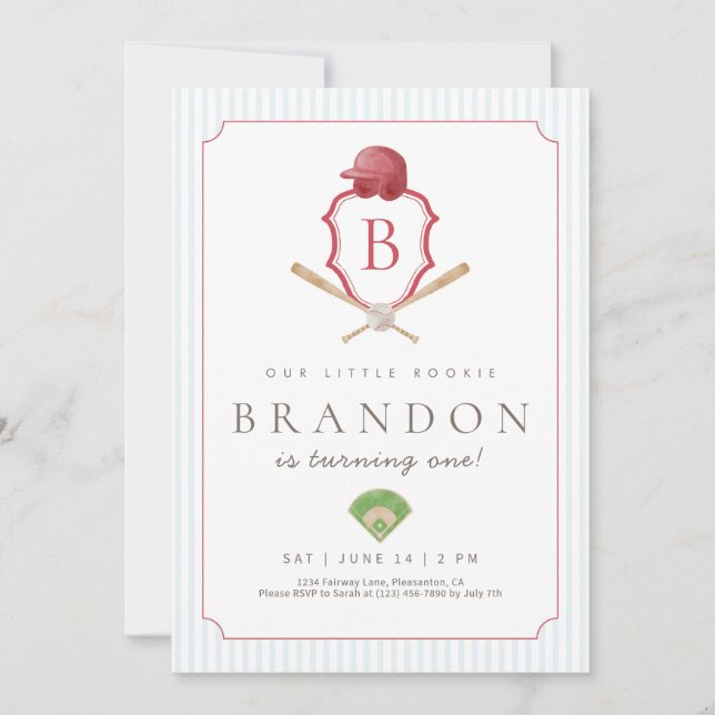 Convite Aniversário de 1 ano do Red Baseball Preppy Crest  (Frente)