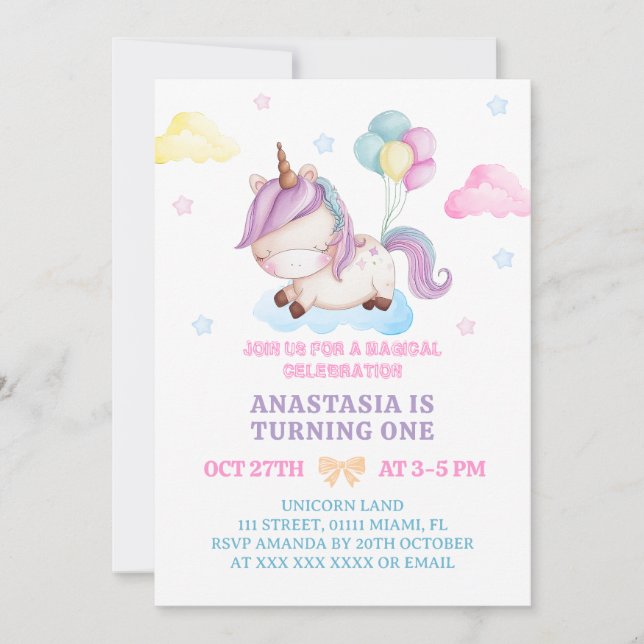 Convite Aniversário de 1 ano do Unicórnio em Cores Pastel (Frente)