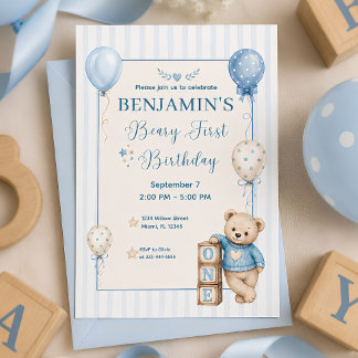 Convite Aniversário de 1 Ano do Ursinho Azul Bebê Menino