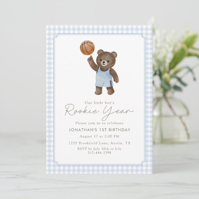 Convite Aniversário de 1 ano do ursinho Teddy com basquete (Em pé/Frente)