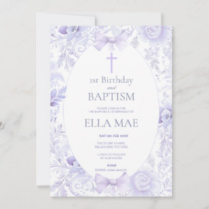 Convite Aniversário de 1 ano e Batismo Floral Lilás para M