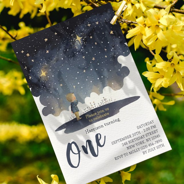 Convite Aniversário de 1 ano Estrelas Celestiais Aquarela  (Criador carregado)