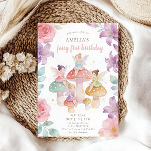 Convite Aniversário de 1 Ano Fada Floral Pastel Cogumelo