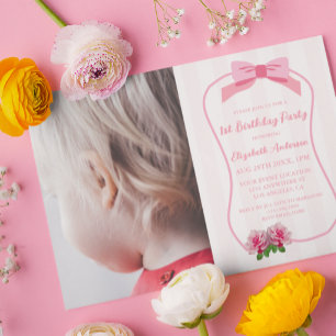 Convite Aniversário de 1 ano Fancy One com Laço Floral