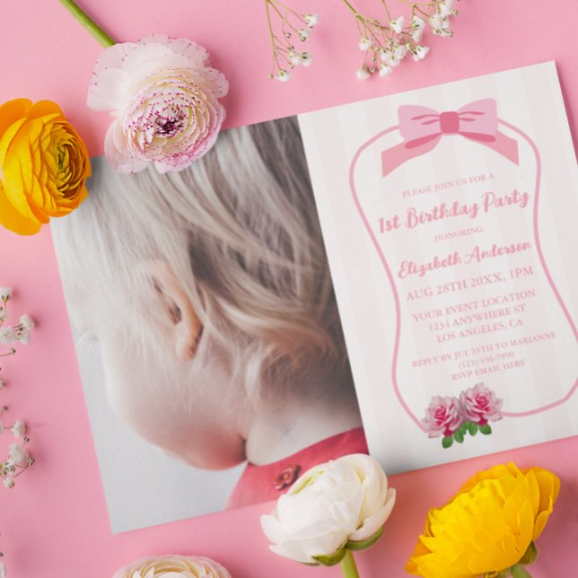 Convite Aniversário de 1 ano Fancy One com Laço Floral (Criador carregado)