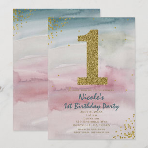 Convite Aniversário de 1 ano Glamour Moderno Aquarela Conf
