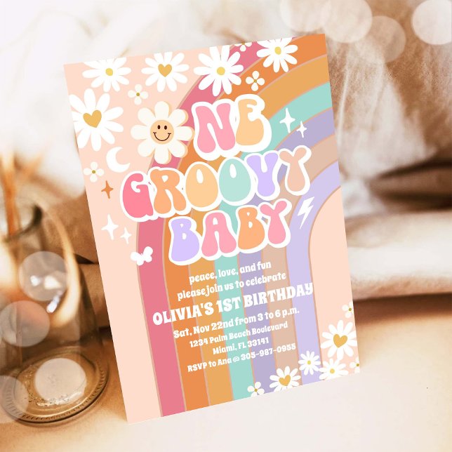 Convite Aniversário de 1 ano Groovy Pastel Arco-íris (Criador carregado)