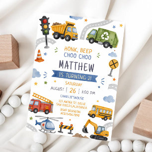Convite Aniversário de 1 ano Honk Beep Choo Choo Caminhões