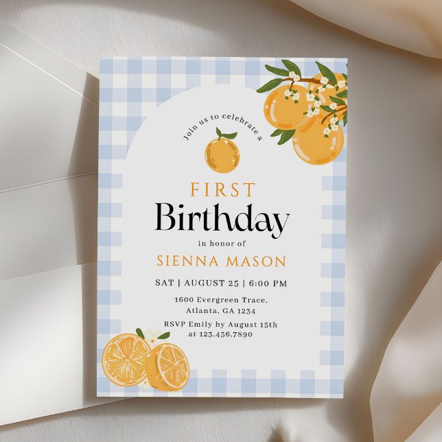 Convite Aniversário de 1 ano Laranja Gingham Citrino (Criador carregado)
