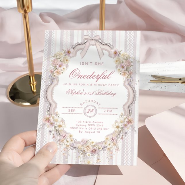Convite Aniversário de 1 ano Menina Bebê Laço Floral Paste (Criador carregado)
