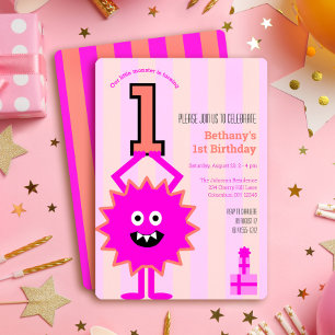 Convite Aniversário de 1 ano Menina Monstro Rosa Vibrante 