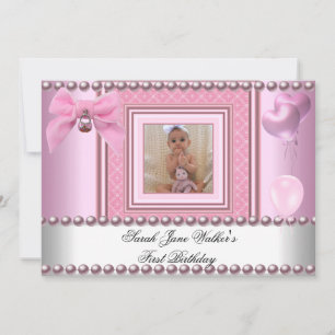 Convite Aniversário de 1 ano Menina Rosa Pérola Branca Fot